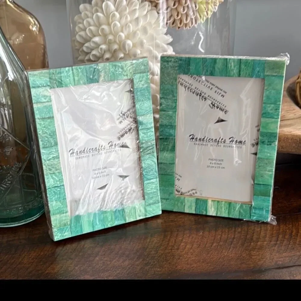 Set of 2 Aqua Blue Mosaic Tile 4×6 Photo Frames - Handmade Coastal Beach Decor